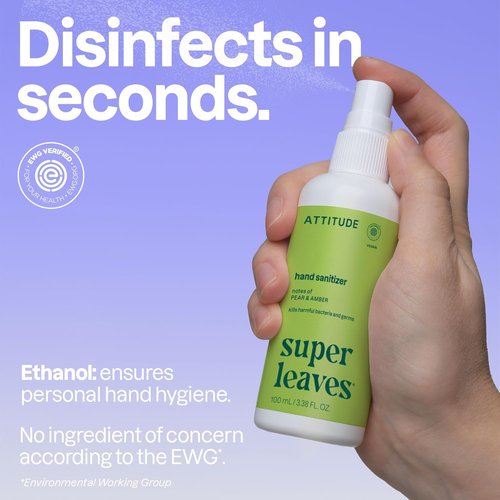 ATTITUDE Hand Sanitizer Spray, EWG Verified, Kills Germs & Bacteria, Vegan & Plant-Based, Safe for Adults & Kids, Olive Leaves Scent, 3.38 Fl Oz (Spray Bottle)