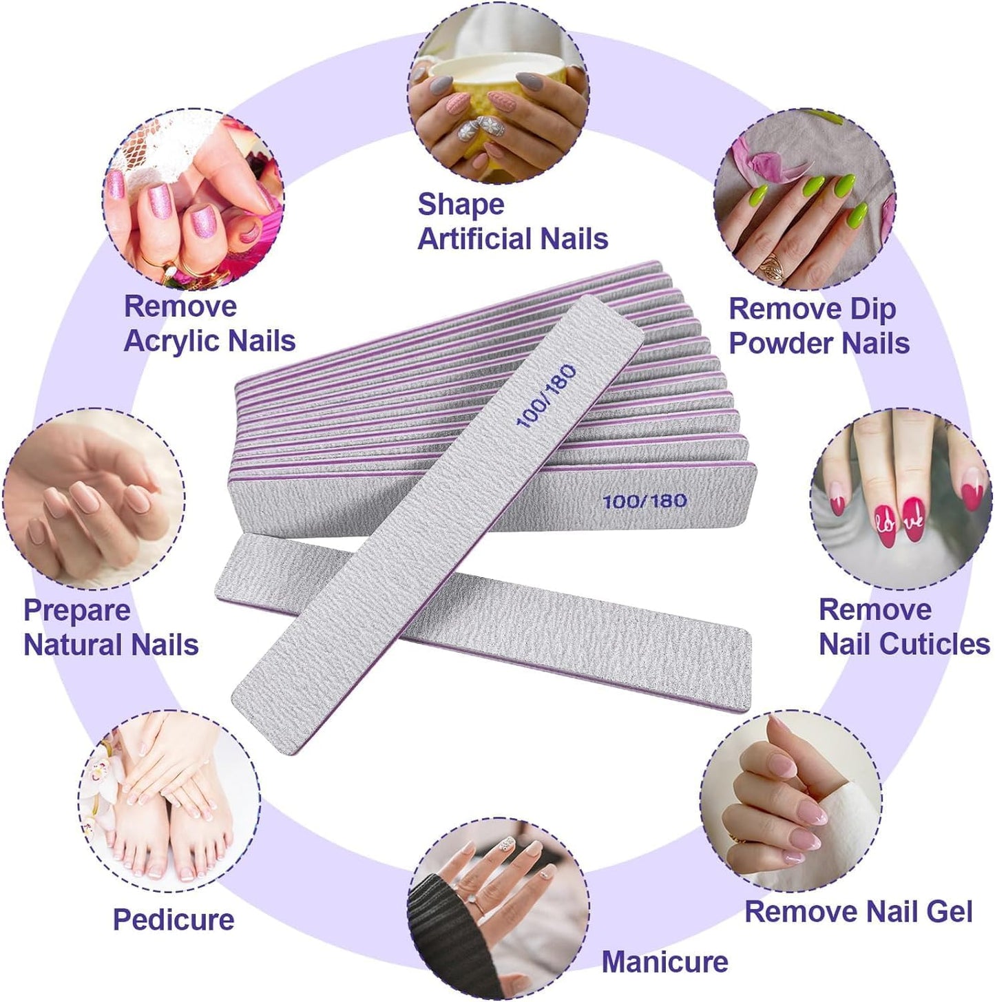 Skiennix Nail Files - 12 Pack 100/180 Grit Emery Boards for Natural & Acrylic Nails - Reusable Gray