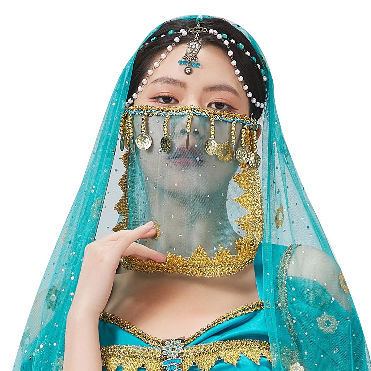 Women Belly Dance Tribal Face Veil with Sequins Beads Coins Halloween Costume Accessory(Square)