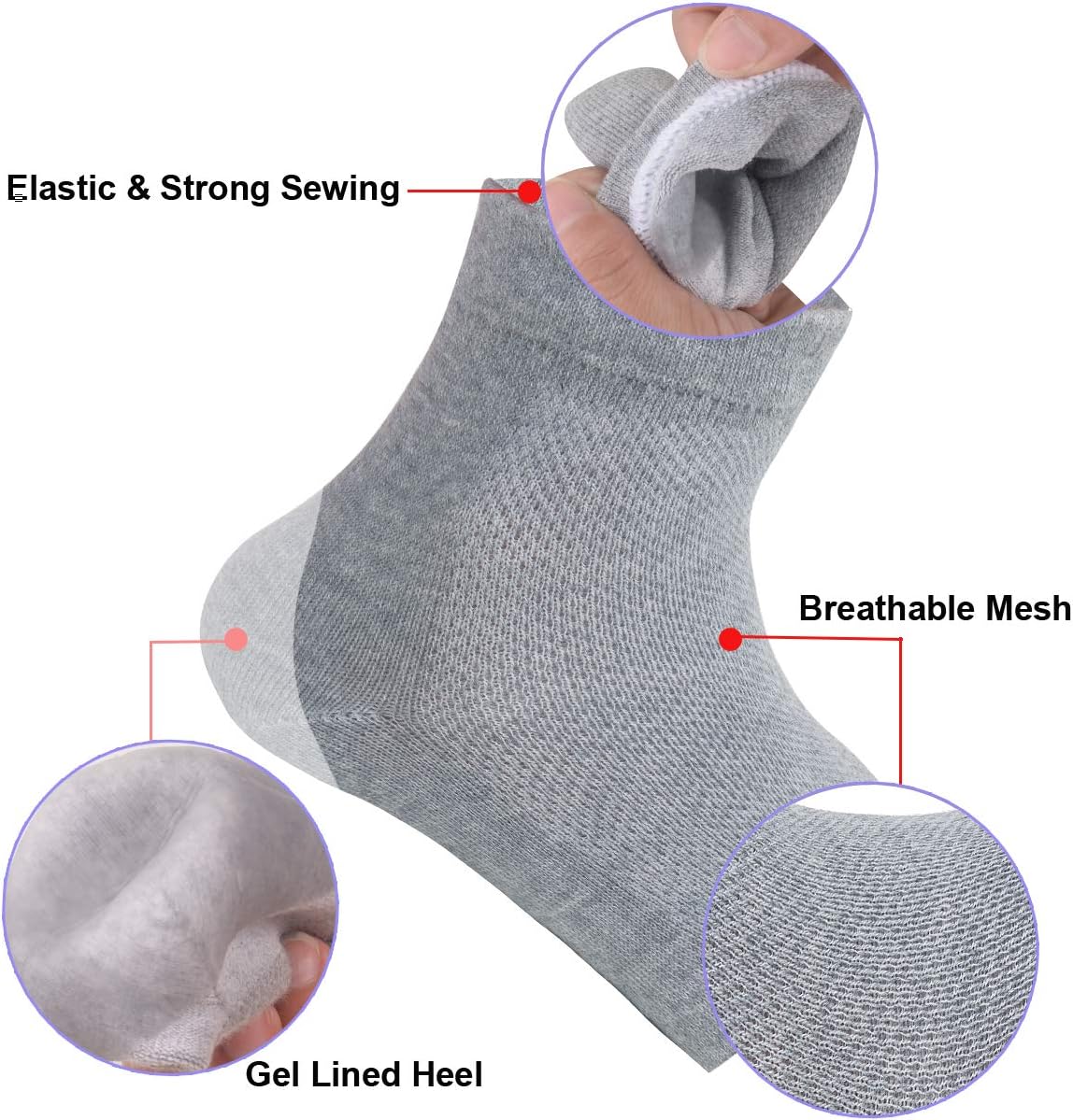 Skiennix Vented Moisturizing Gel Heel Socks - 3 Pairs Toeless Spa Socks for Cracked Heels & Dry Feet | Gray, Green, Pink