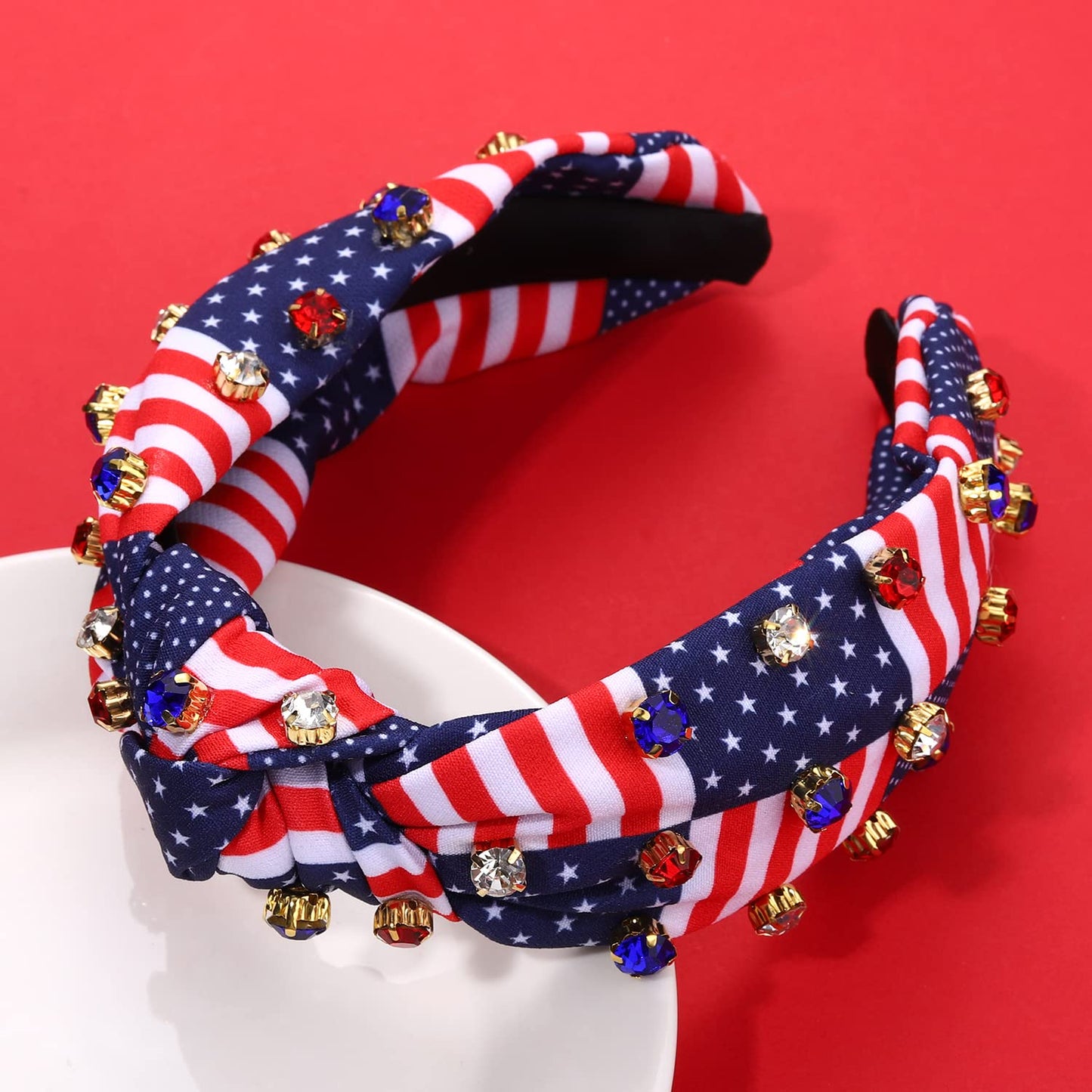 Crystal Velvet Headband American Flag Cross Knotted Turban Headdress Patriotic rhinestone Statement Wide Hair Band Hoop Accessories For Women Girls (Red White Blue)