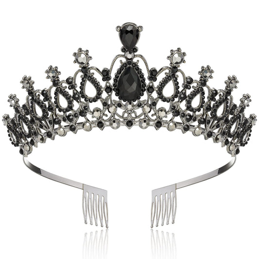 Makone Crowns for Women, Princess Crown, Crystal Crown for Bridal, Wedding, Pageant, Birthday, Party-Gun Black,Black Diamond