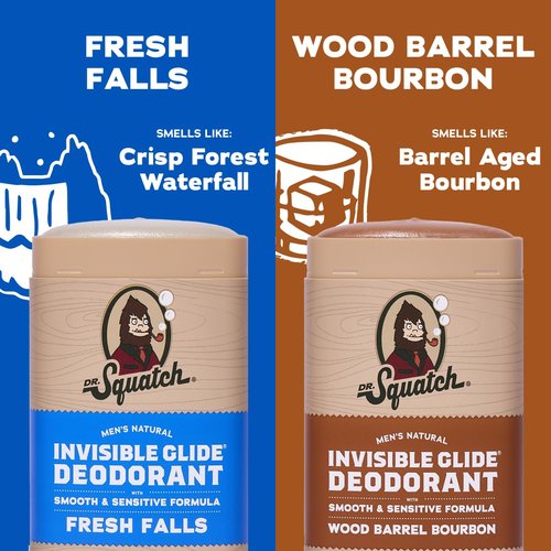 Dr. Squatch Invisible Glide Natural Men’s Deodorant - Smooth, Stain-Free Formula - Aluminum-Free, Sensitive Skin - Fresh Falls & Wood Barrel Bourbon - 2.65oz (2-Pack)