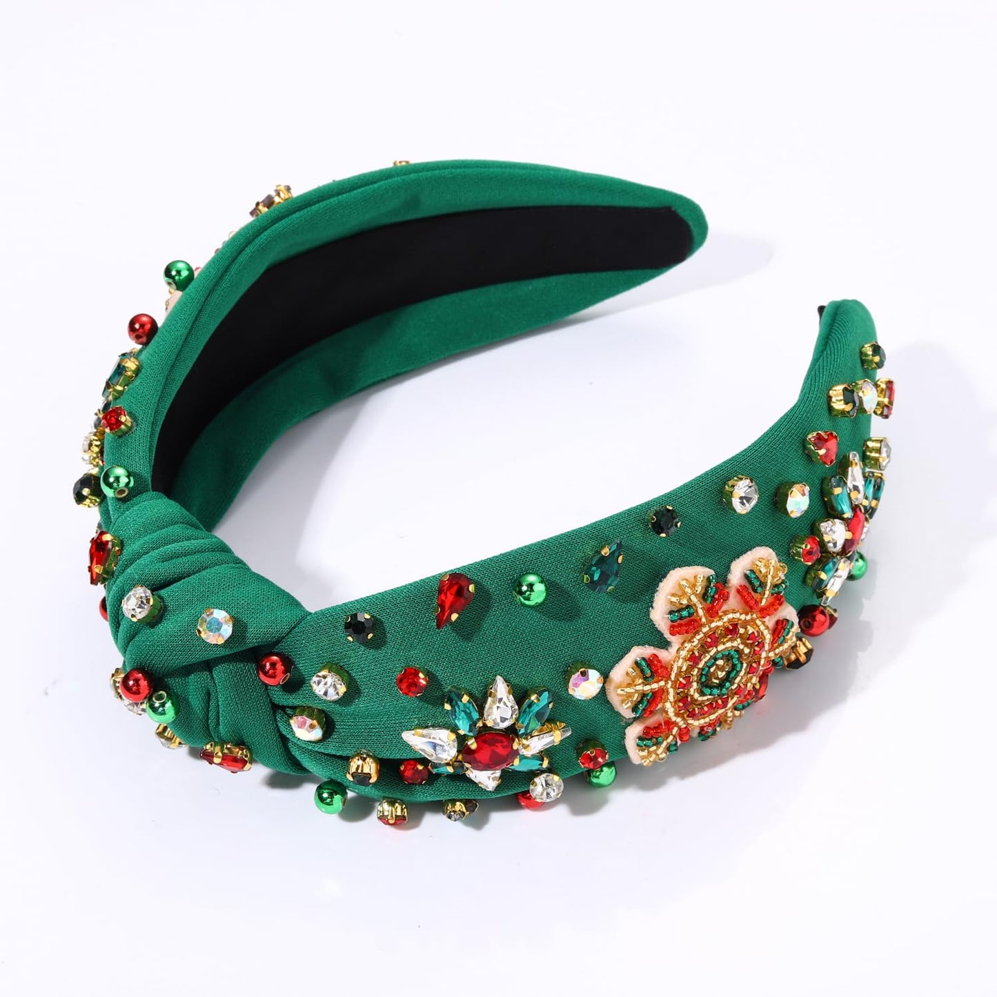 Christmas Holiday Headbands Accessories for Women Beaded Christmas Tree Headband Festive Xmas Knotted Headband Red Green Rhinestone Crystal Wide Top Knot Headband Holiday Gifts (Snowflake 1 - Green)