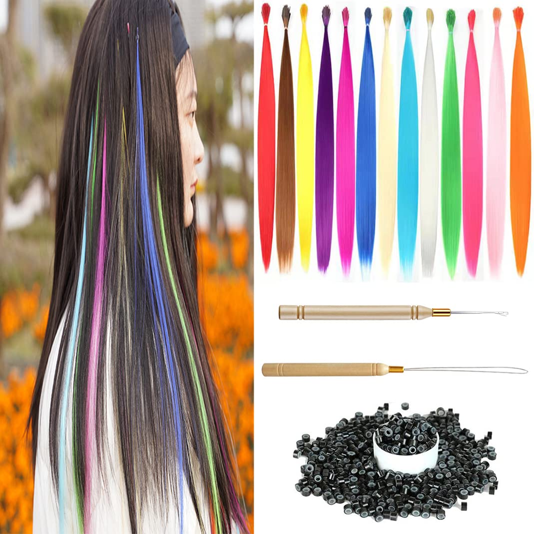 XIAO TAO ZI 39pcs/Lot 20'' Synthetic Rainbow Hair Extensions kit Colored Hair Pieces +50 Pcs Silicone Micro Beads+2 Pcs Crochet Hooks (20 Inches, 39 Pieces)