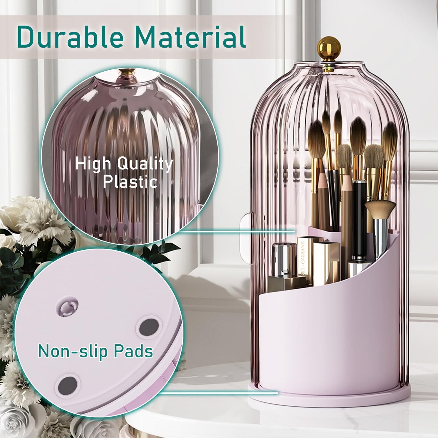 GAXmi Makeup Brush Holder with Lid Cosmetic Tools Organizer 360 Rotating Waterproof Dustproof Beauty Brushes Storage for Vanity, Pink-Purple