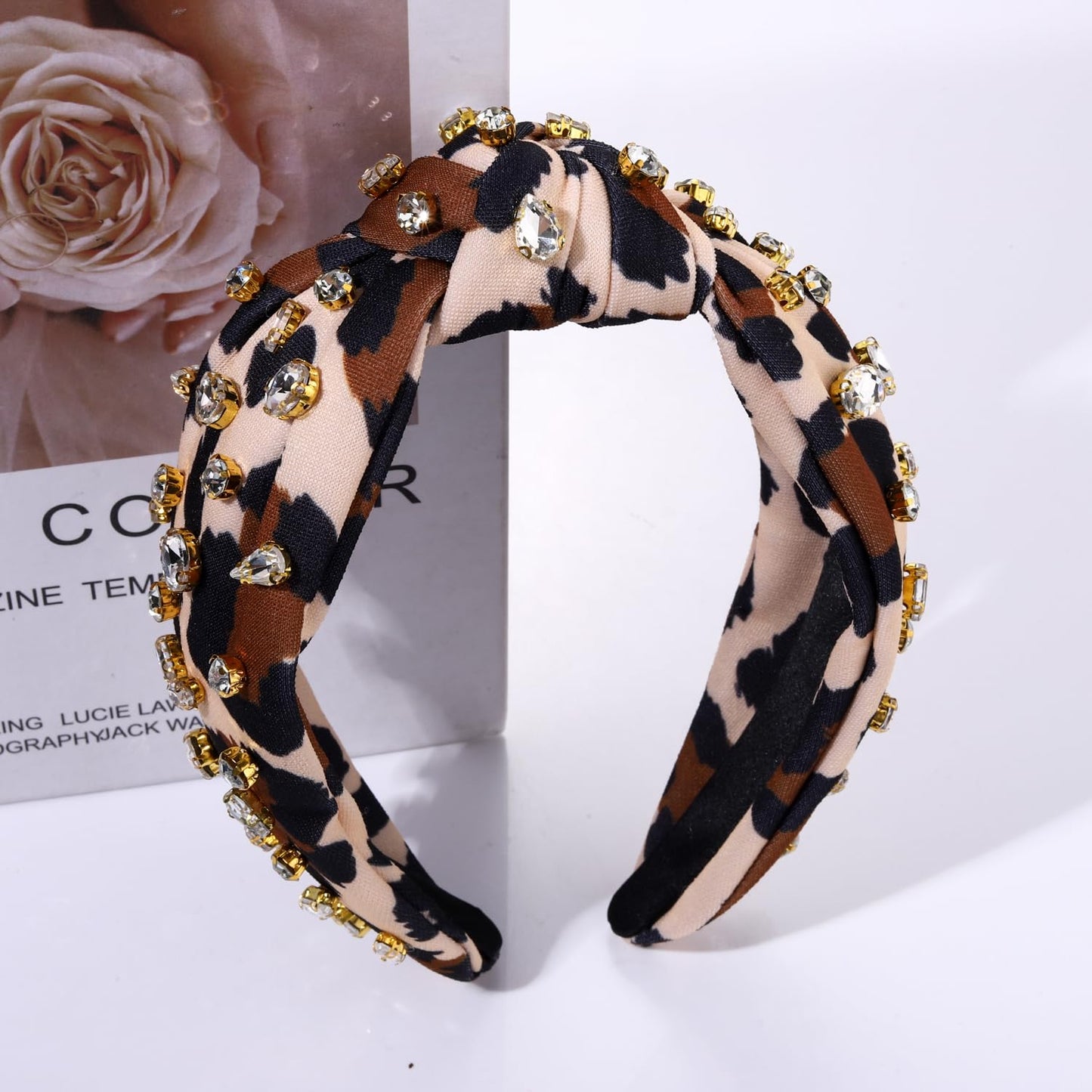 Crystal Velvet Headband Leopard Cross Knotted Turban Headdress Colorful rhinestone Statement Wide Hair Band Hoop Accessories For Women Girls (Leopard)