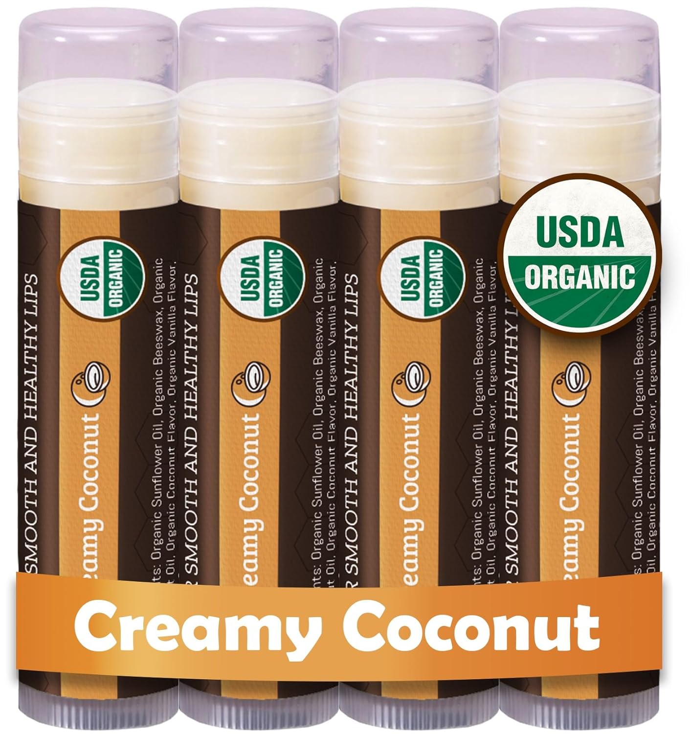 Earth's Daughter USDA Organic Lip Balm - Creamy Coconut Flavor | Beeswax & Vitamin E for Dry Lips - 4-Pack