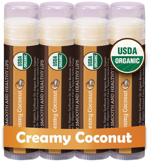 Earth's Daughter USDA Organic Lip Balm - Creamy Coconut Flavor | Beeswax & Vitamin E for Dry Lips - 4-Pack