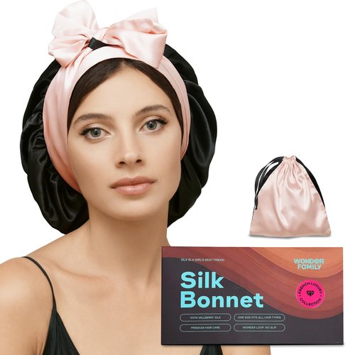 100% Mulberry Silk Bonnet for Sleeping Women with Curly Hair - Short Long Hair Bonnet for Sleeping - Alternative to Double Layer Satin Bonnet with Tie Band - Premium Hair Wrap for Sleep Black