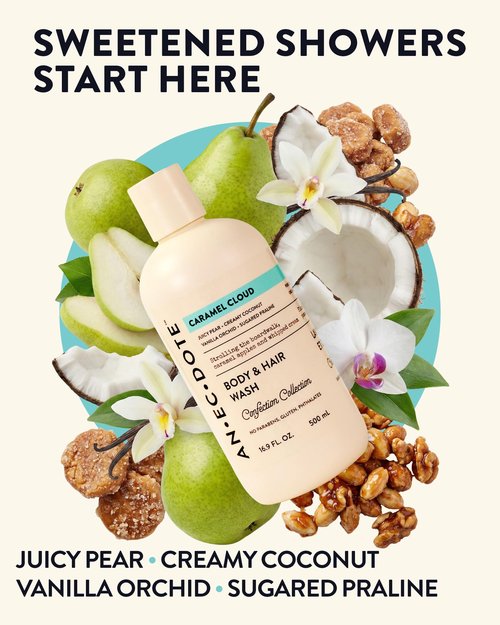 Anecdote Caramel Cloud Body and Hair Wash – Sweet Gourmand Scent with Juicy Pear, Coconut, Vanilla Orchid & Praline – Moisturizing Shower Gel, Hydrating 2-in-1 Cleanser for Daily Use, 16.9 Fl Oz