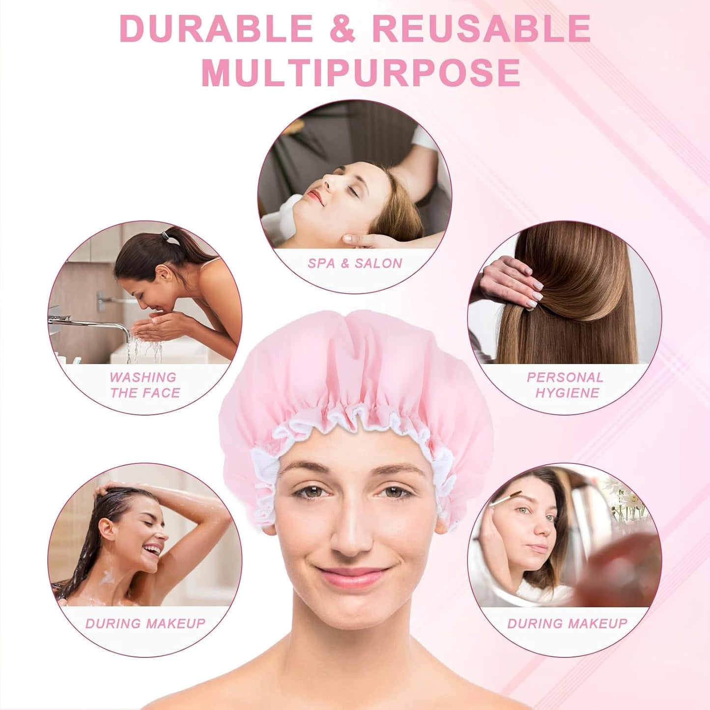 Skiennix Reusable Shower Cap - Waterproof Terry Cloth Lined Design | Pink Double Layer for All Hair Lengths