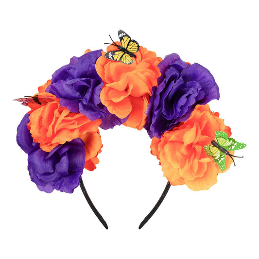 Mexican Flower Crown Headband with Butterfly, Day of the Dead Headpiece, Halloween Easter Festival Headwear, Dia De Los Muertos Hairhoop