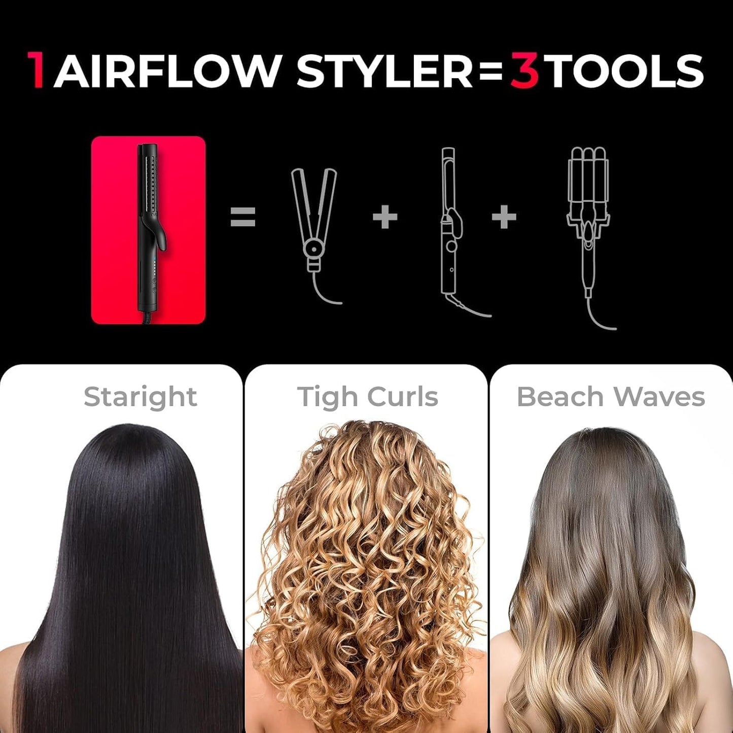 TYMO Airflow 2.0 Curling Iron - 2-in-1 Hair Straightener & Curler, 1.25 Inch, Dual Voltage, Black