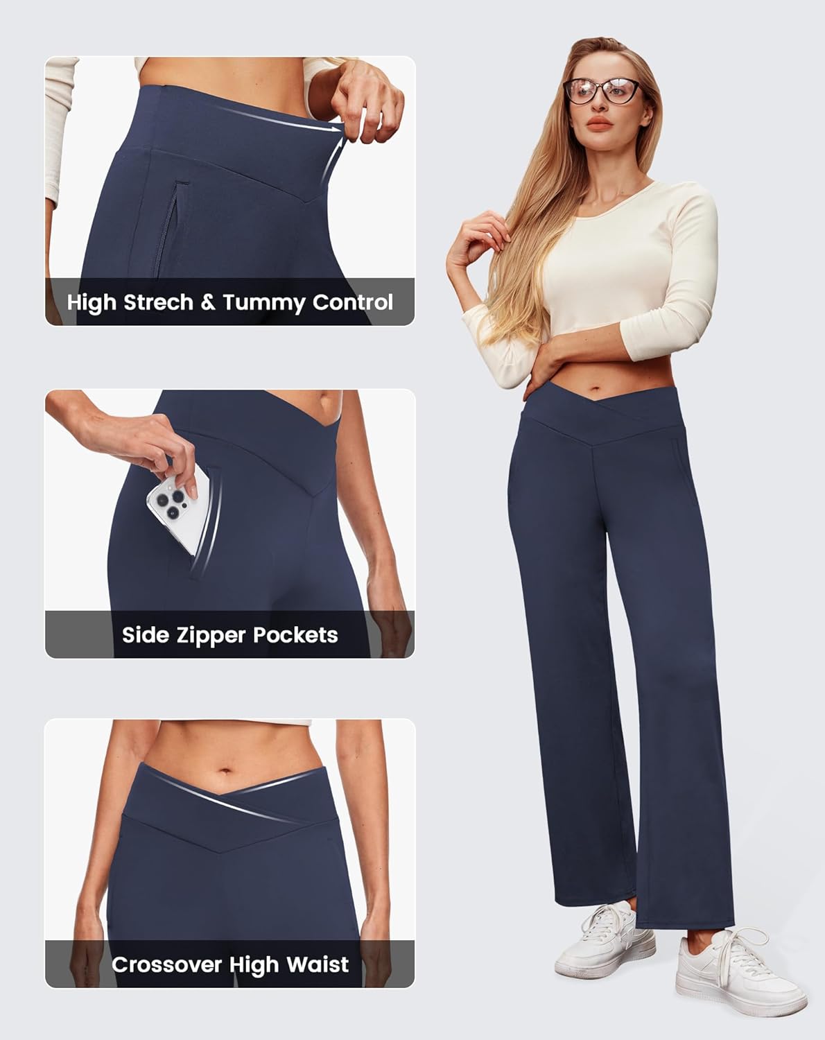 SEMARO Women's Wide Leg Dress Pants - Crossover High Waist Stretch Trousers with Zipper Pocket | Navy