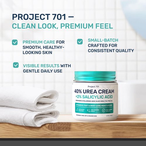 PROJECT 701 Urea Cream 40 Percent for Feet Maximum Strength, Callus Remover Foot Cream, Dry Cracked Heels Exfoliating Lotion with Salicylic Acid, Ceramides, Tea Tree Oil – Women and Men, 4.3 oz