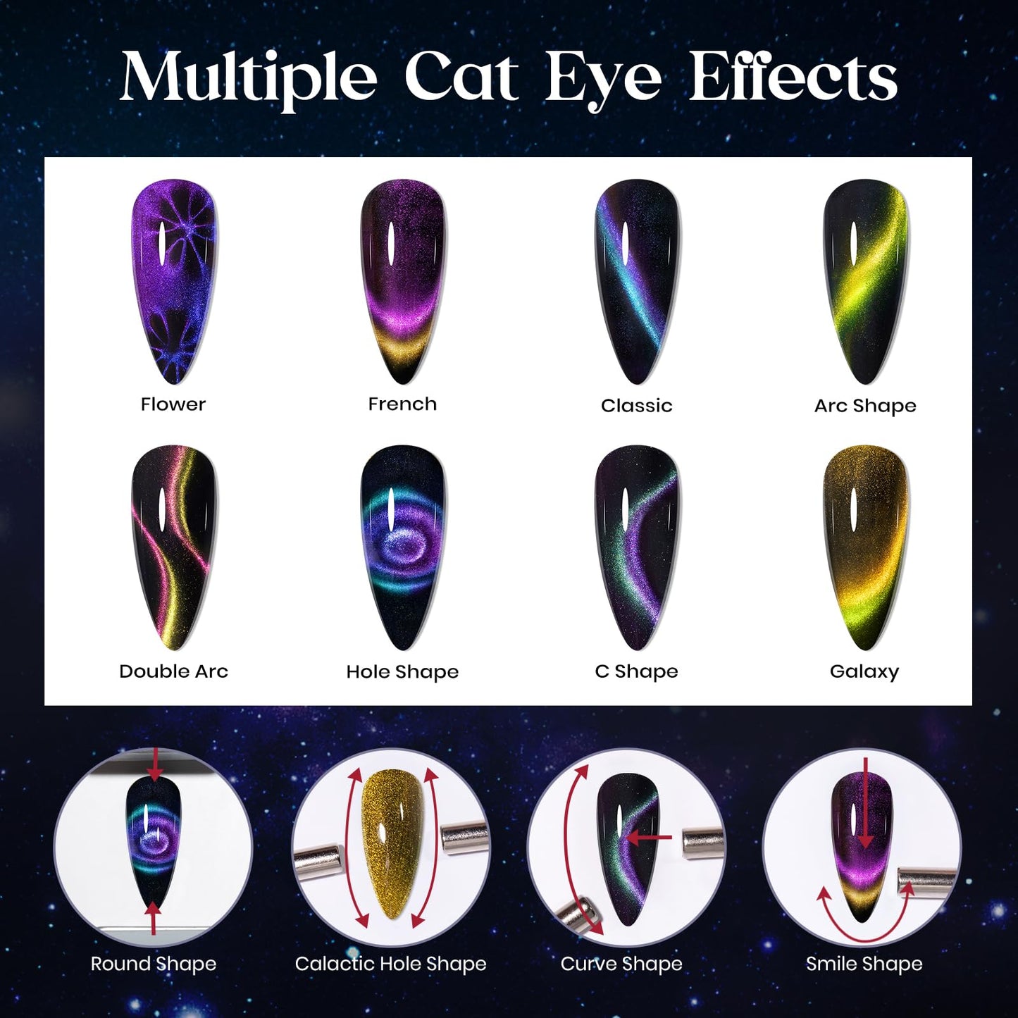 MIZHSE 8 Colors 9D Cat Eye Gel Nail Polish, Upgraded Magnetic Gel Polish Kit with Magnet Stick, Galaxy Chameleon Effect Silky Cat Eye Nail Gel Soak Off Nail Art Salon Manicure Home Ladies Gift