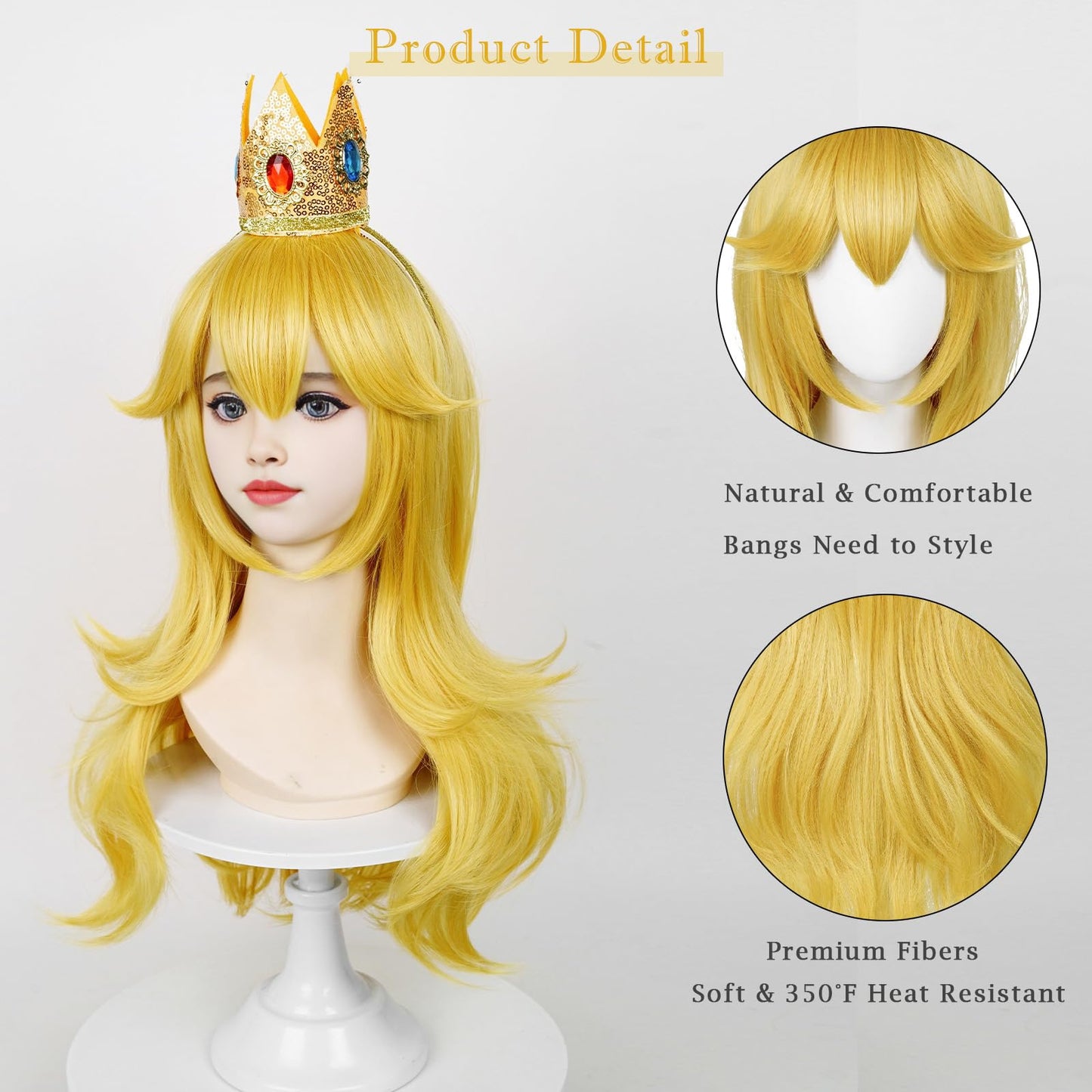 Long Blonde Princess Wig for Kids Girls, Golden Wavy Cosplay Wig + Crown Brooch Earrings Accessories + Wig Cap for Halloween Costume Cosplay