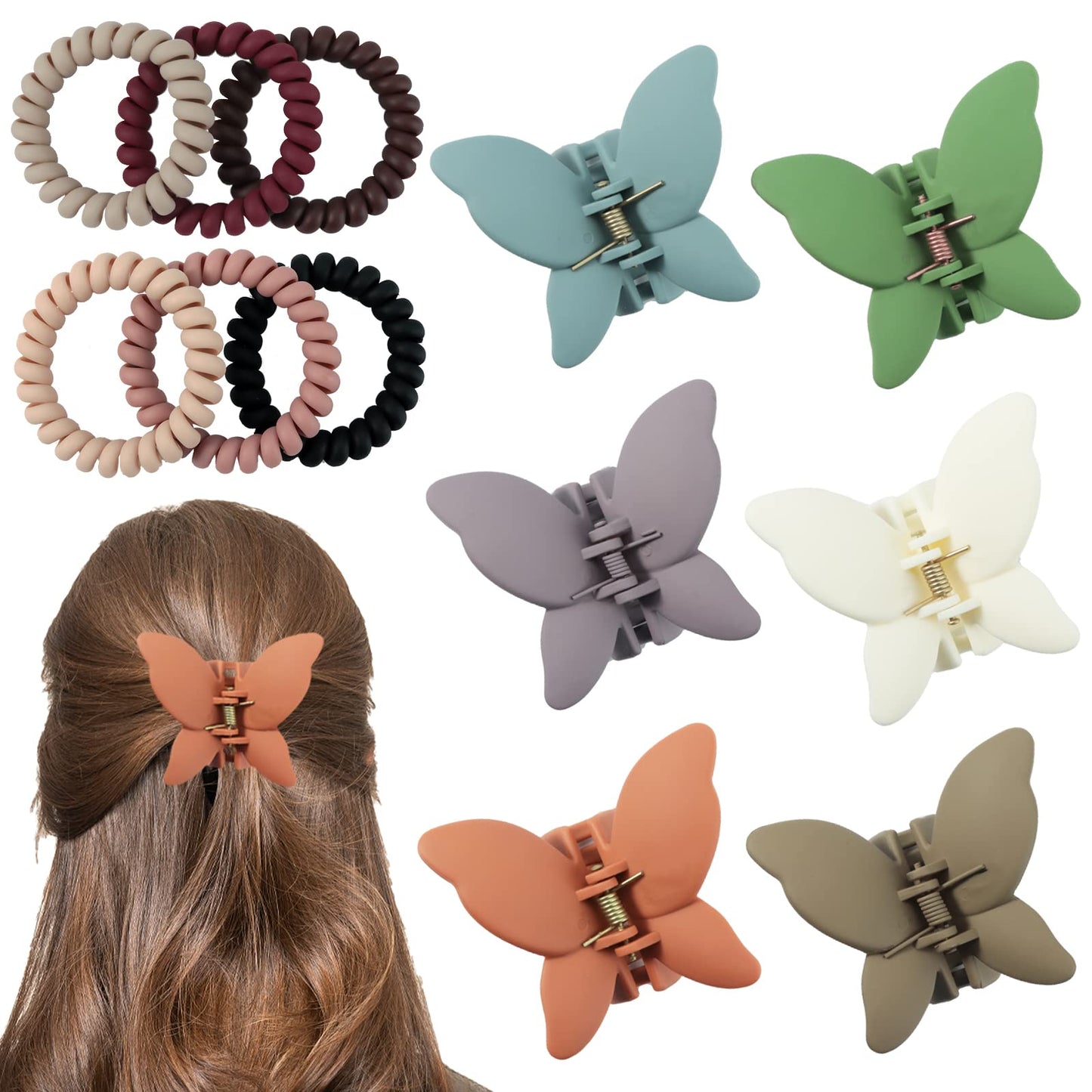 Bemawe Hair Clips, 6 PCS Medium Butterfly Hair Clips & 6 PCS Spiral Hair Ties for Women Girls Thick Thin Long Hair Acrylic & Metal Claw Clips, Non Slip Matte Hair Accessories