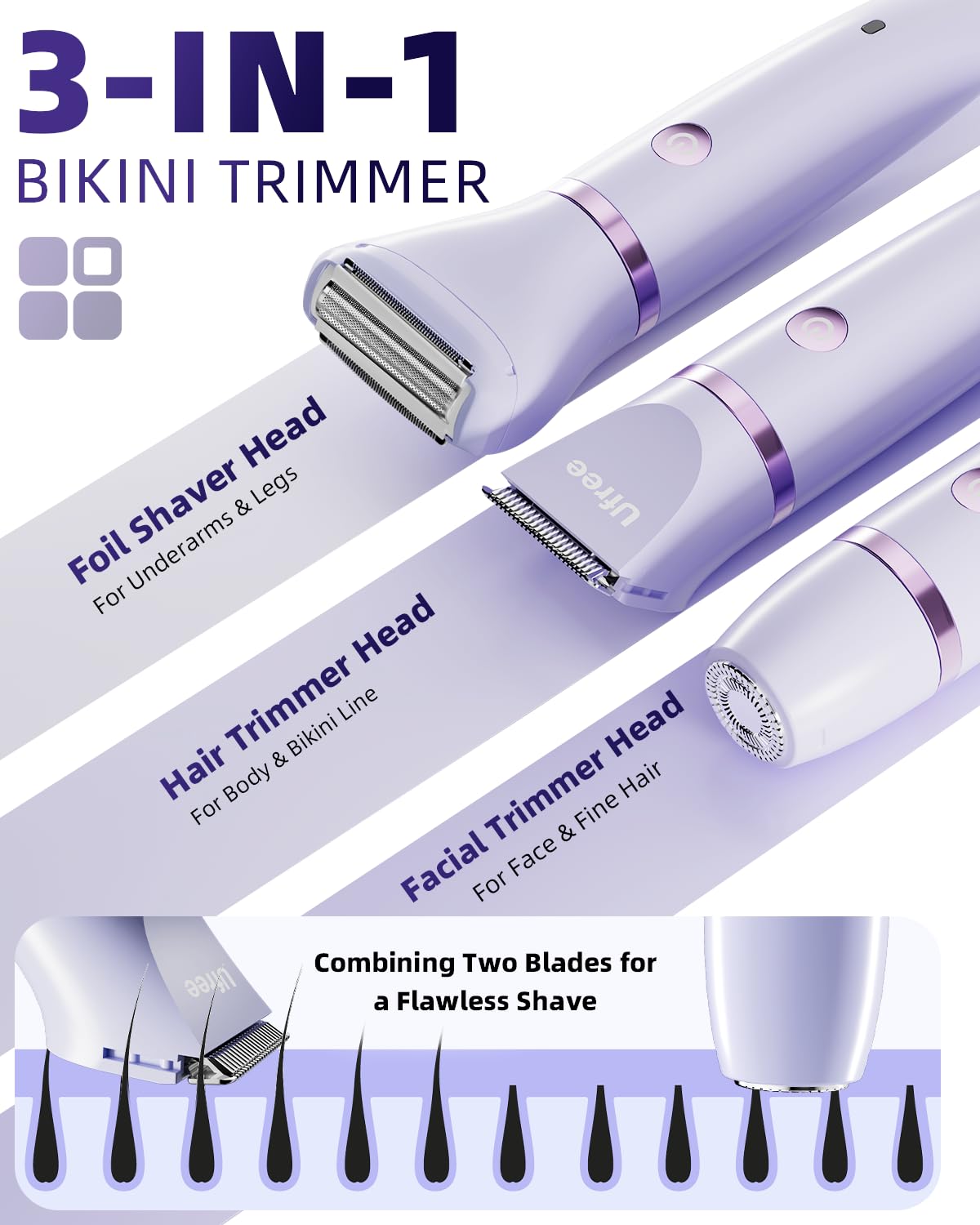 Ufree Bikini Trimmer - Rechargeable Electric Razor for Women | IPX7 Waterproof, Purple