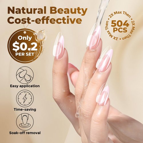 UNA GELLA Almond Gel Nail Tips, 504PCS Pre Etched Clear Fake Nails Tips Medium Almond Shape - 12 Sizes Full Cover Soft Acrylic Press On Nail Extensions No C Curve Gift for Diy at Home