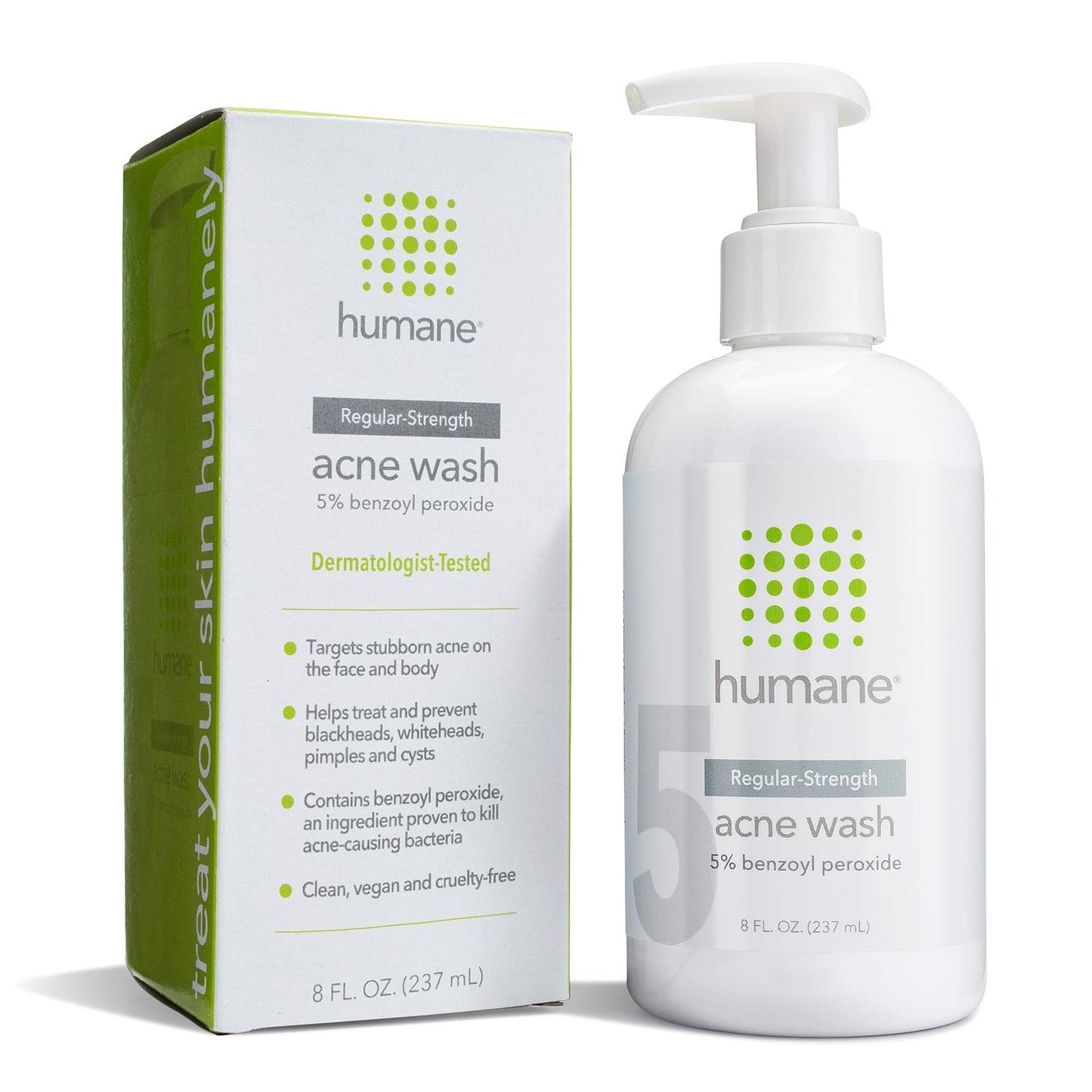 humane Regular-Strength Acne Wash - 5% Benzoyl Peroxide Acne Treatment for Face, Skin, Back and Body - 8 Fl Oz - Dermatologist-Tested Non-Foaming Cleanser - Vegan, Cruelty-Free
