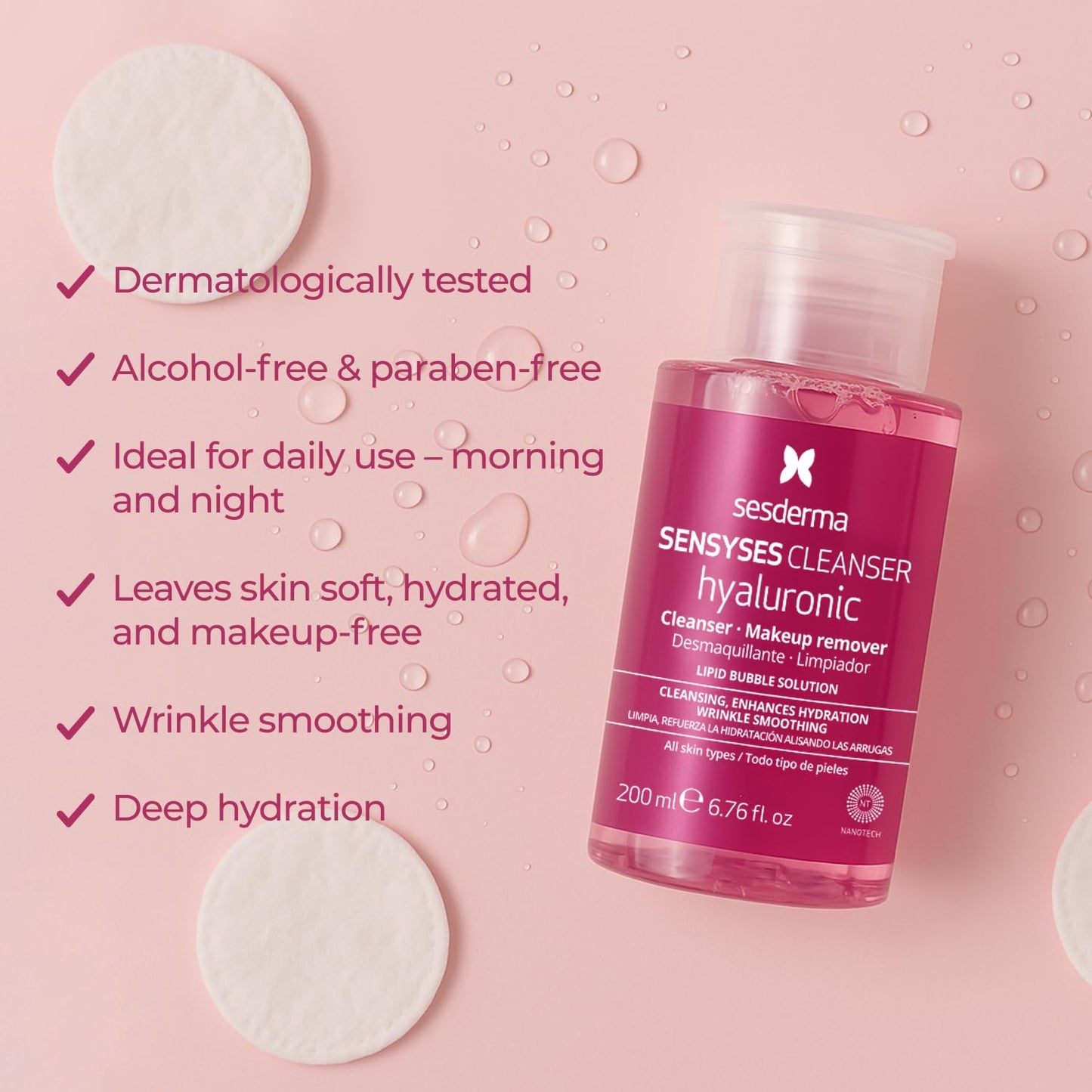 Sesderma SENSYSES Hyaluronic Cleanser - Hydrating Micellar Solution for All Skin Types | 6.8 fl oz