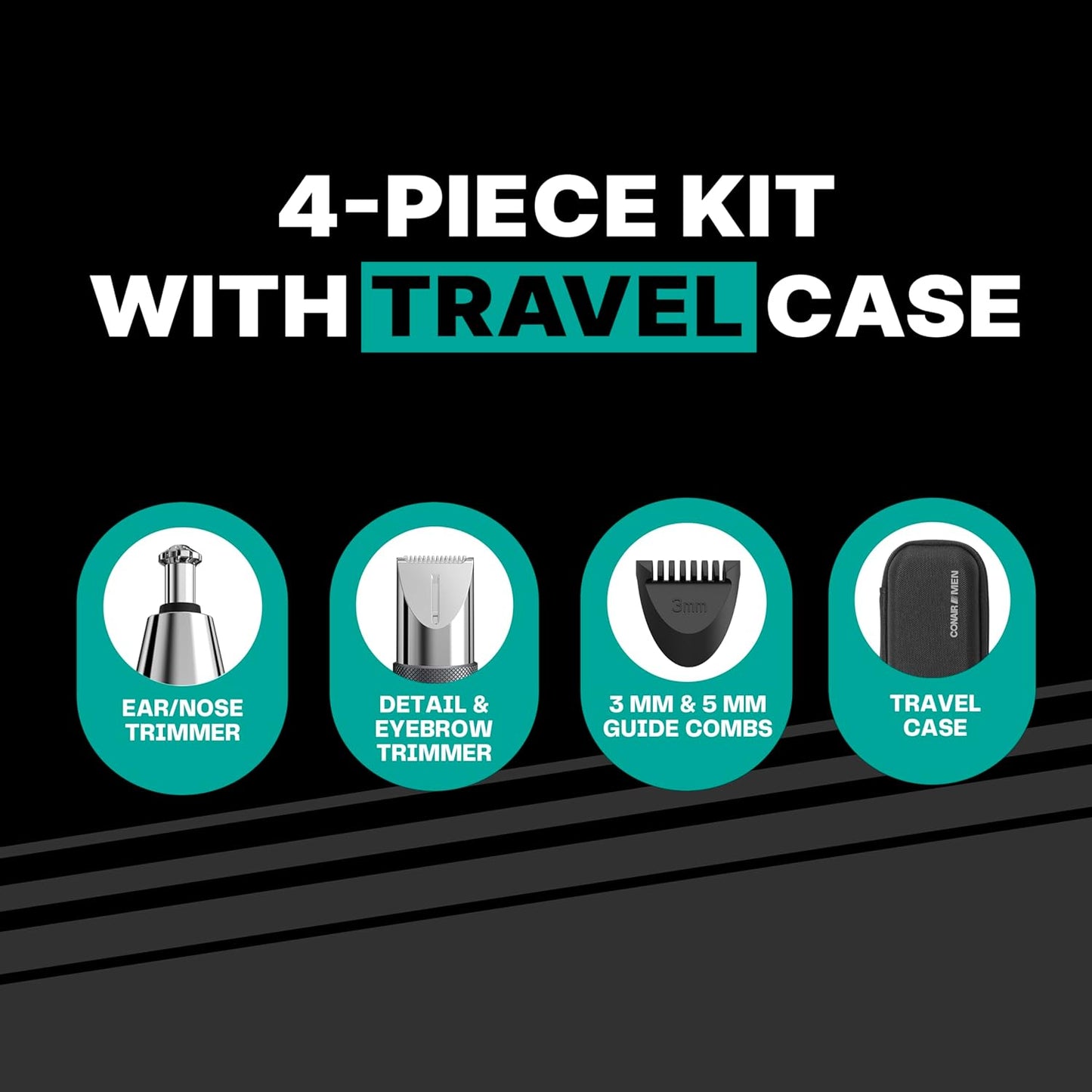 Conair Men Ear, Nose & Eyebrow Trimmer - Patented 360° Bevel Blade for No Pulls & Nicks | 5-Piece Kit with Travel Case