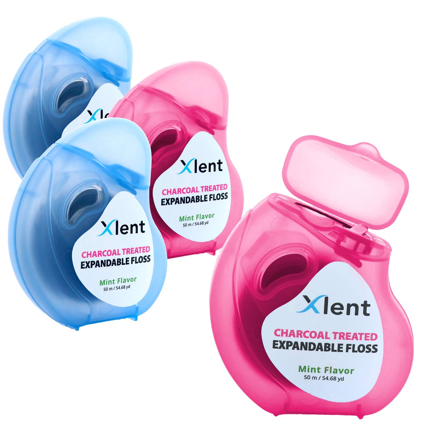 Expandable Floss Treated with Activated Charcoal with Xylitol and Natural Plant Based Wax |Fresh Mint Flavor | 50 Meter (4 Count)
