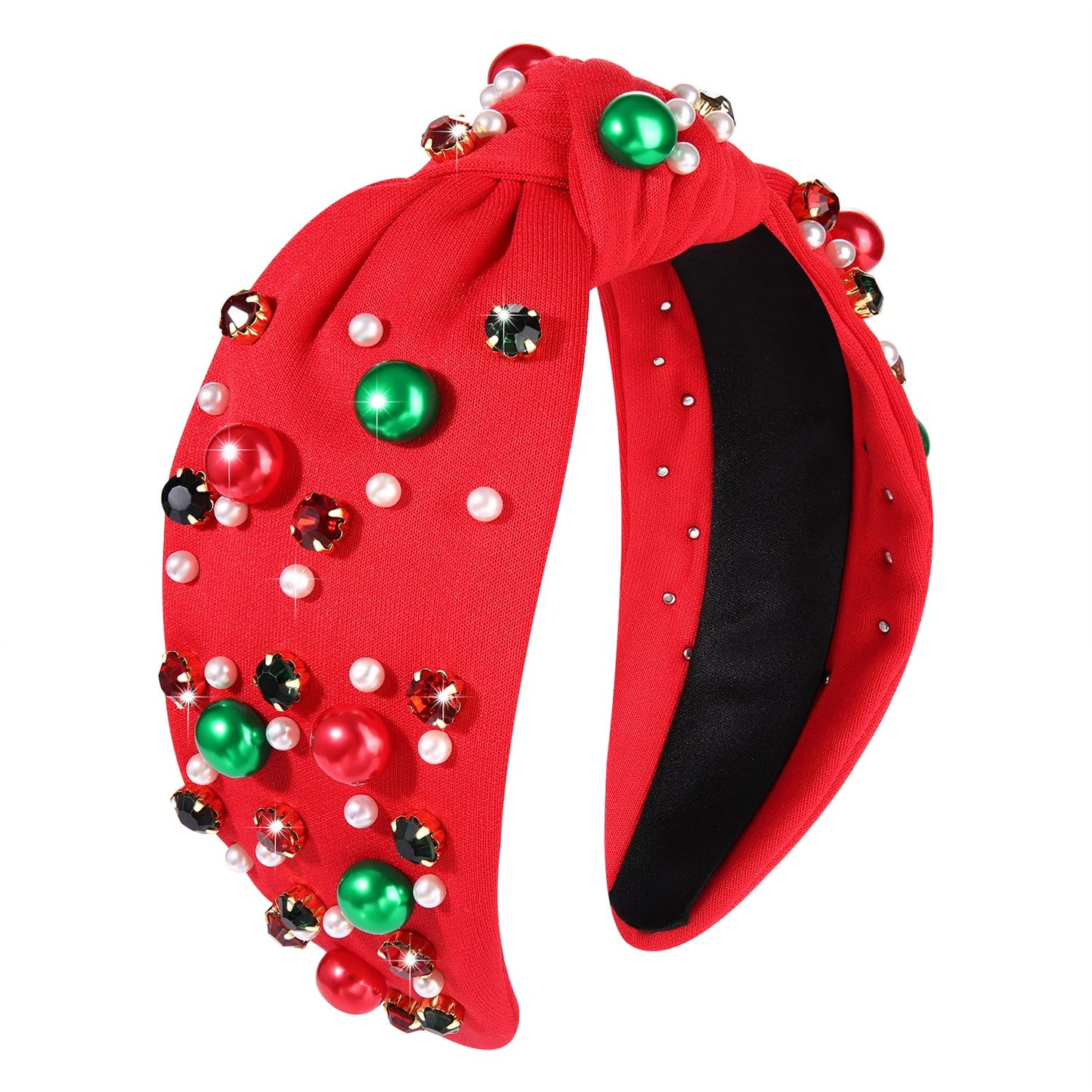 GLBCC Christmas Red Knot Hairband - Pearl & Jewels Top Headband for Women, Fashion Elegant Ladies Wide Knot Head Band, Holiday Party Outfit Gifts