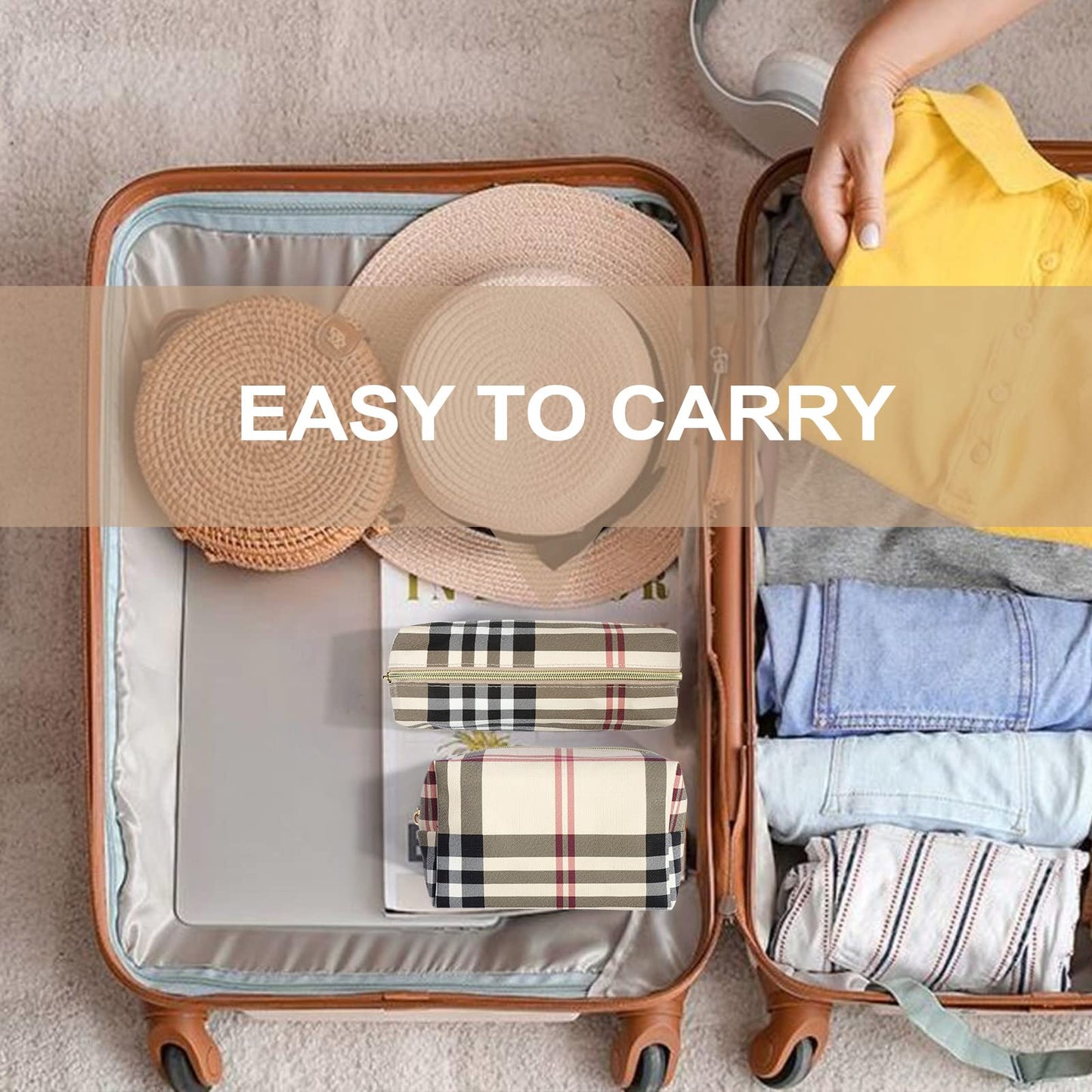 MAANGE Small Makeup Bag for Purse, 2 PCS Cosmetic Bag for Women Travel Makeup Pouch Leather Make up Bag Portable Zipper Pouch Brushes Bag - khaki plaid