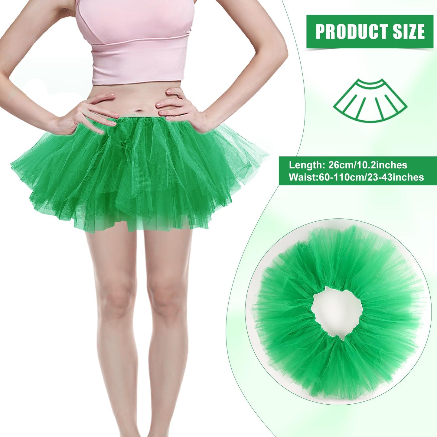 2pcs Tutu Skirts, 5 Layered Tulle Tutu Skirt Elastic Mini Tutu Skirt Layered Ballet Mesh Skirt Tutu Costume Tutu Dress for Women Dace Show Halloween Dress Up Party (Green)