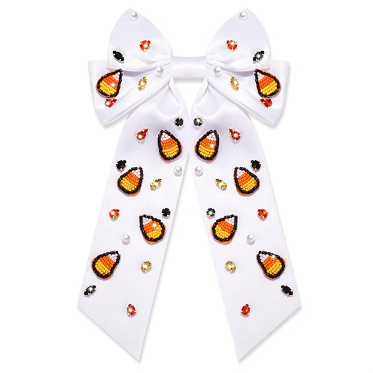 Halloween Bows for Women Cute Candy Corn Hair Bow Clips Crystal Embellished Big Hair Bows Long Tail Satin Hair Ribbons Barrettes Halloween Hair Clips Halloween Costume Accessories Outfits