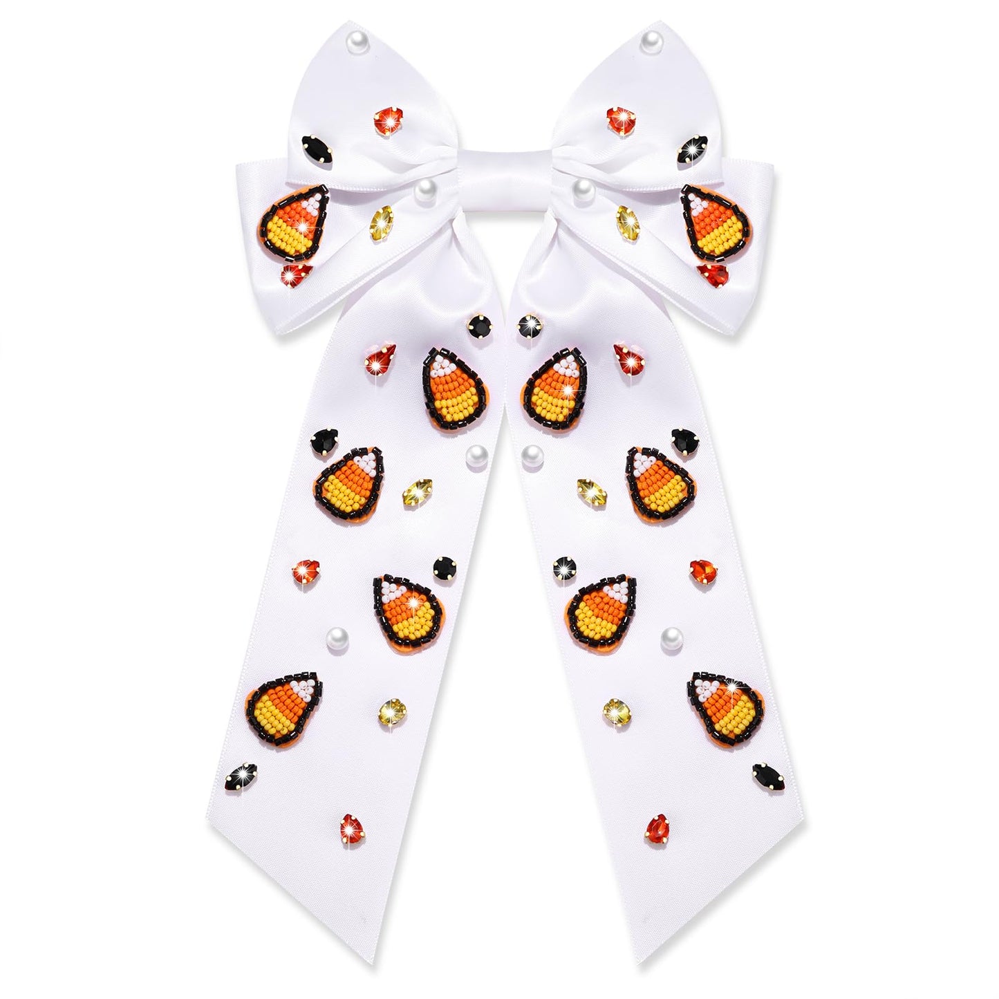 Halloween Bows for Women Cute Candy Corn Hair Bow Clips Crystal Embellished Big Hair Bows Long Tail Satin Hair Ribbons Barrettes Halloween Hair Clips Halloween Costume Accessories Outfits