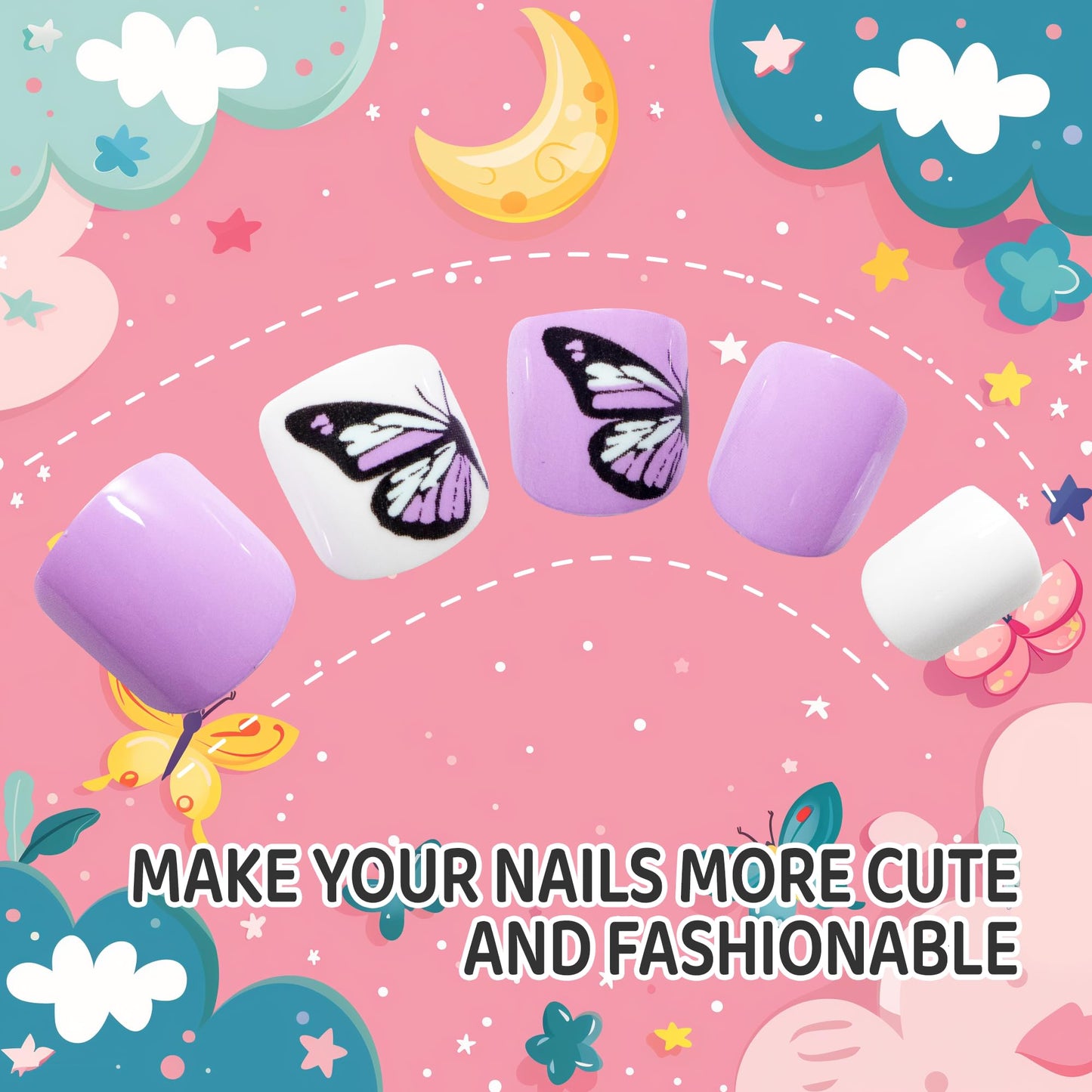 Kawyehu Kids Press on Nails Children Fake Nails Artificial Nail Tips Adhesive Full Cover Short False Fingernails for Girls Kids Nail Decoration (Purple Butterfly)