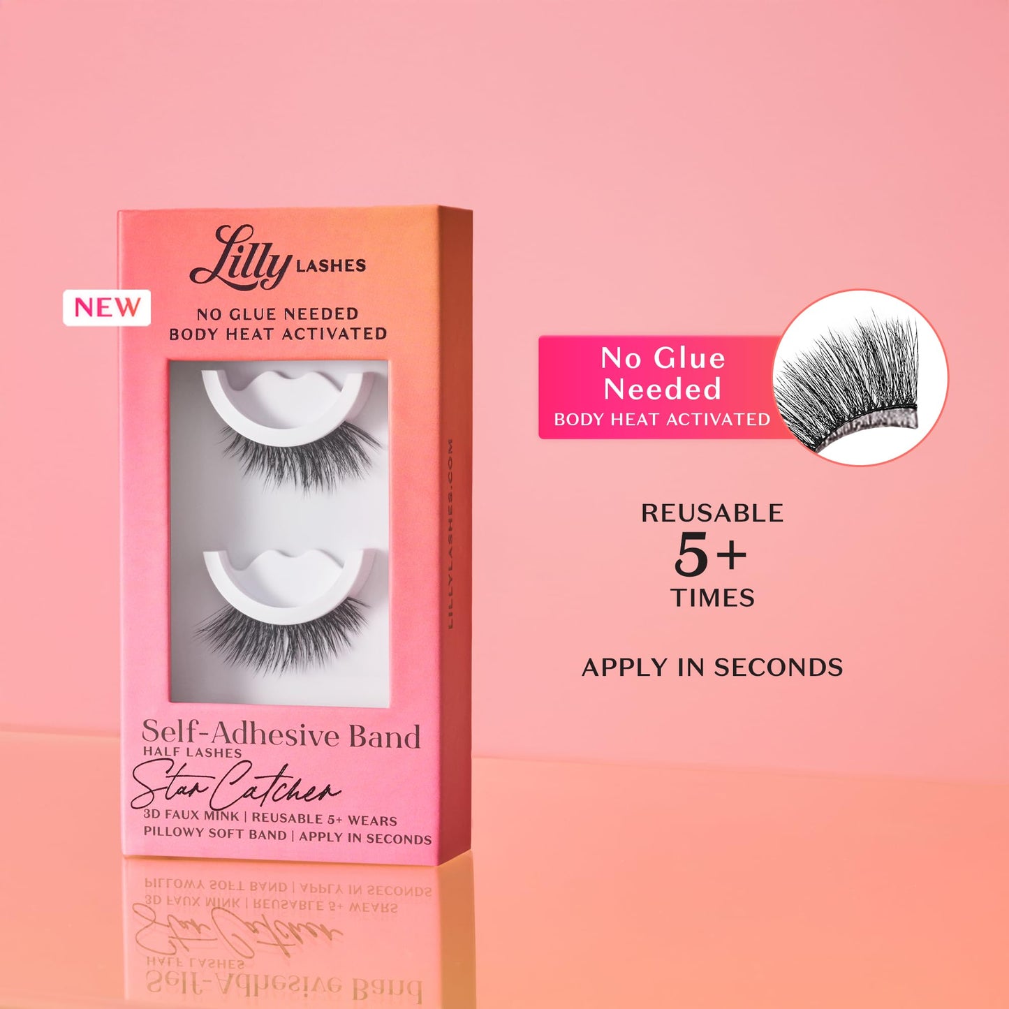 Lilly Lashes Self Adhesive Eyelashes (Half Lashes), No Lash Glue Needed, Body Heat Activated Press on Lashes, Reusable Self Adhesive Eyelashes Up to 5x, Easy to Apply & Remove (StarCatcher)
