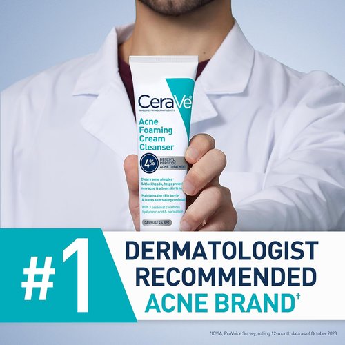 CeraVe Acne Foaming Cream Cleanser - 4% Benzoyl Peroxide Face Wash with Hyaluronic Acid & Niacinamide
