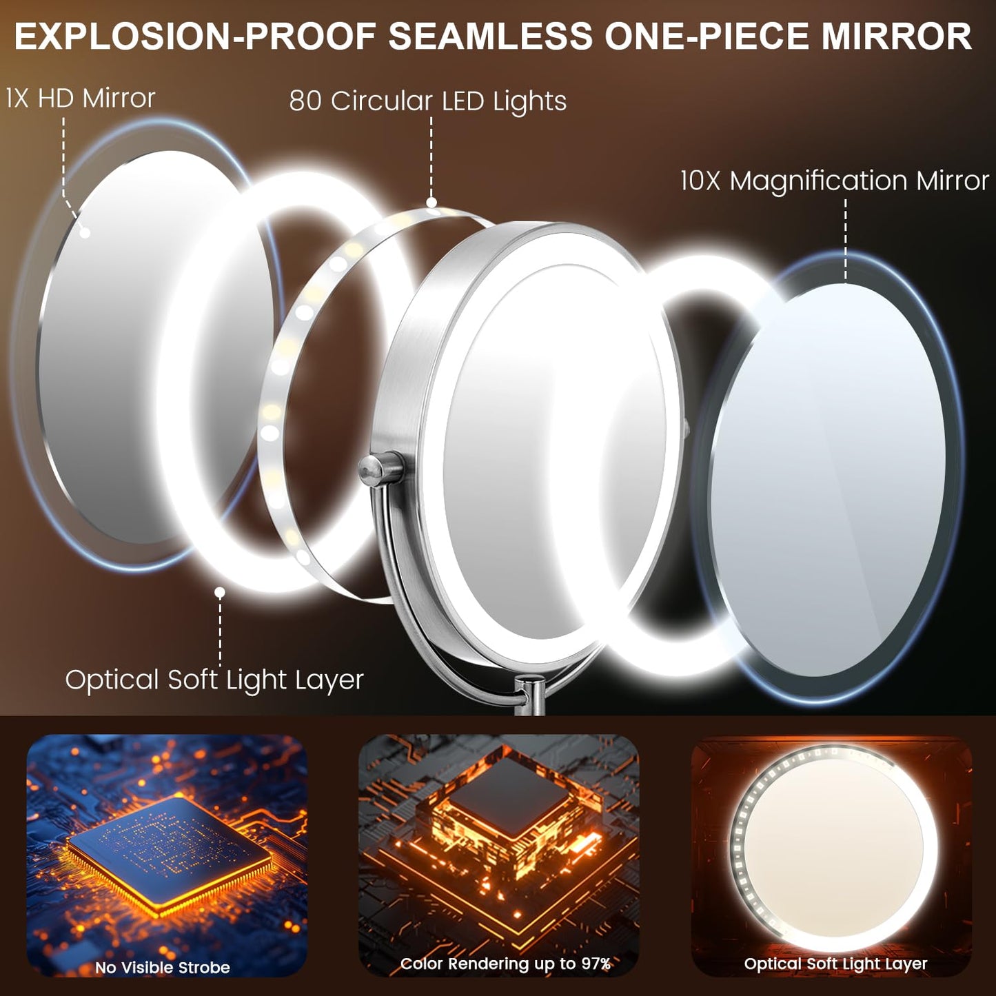 VESAUR 15X Magnifying Mirror with Light, 9" Large 5000mAh Rechargeable Double Sided HD Lighted Makeup Mirror with 3 Touch Dimmable Light, 360° Swivel Detachable for Travel Vanity Mirror Nickel, Gifts