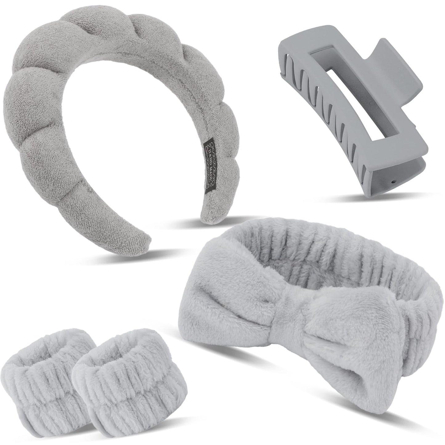 Canitor Sponge Spa Headbands Wristband Set with Hair Clips Skincare Headbands for Washing Face Non Slip Puffy Terry Cloth Makeup Headband Face Wash Wrist Bands Cute Trendy Stuff (gray)