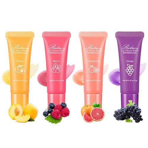 Lip Glowy Balm,4 Pack Fruit Glowy Lip Balm,Vitamin E Lip Glowy Balm Set Reduce Lip Lines, Enhance Lip Color,Moisturizing & Plump Quickly Replenishing Moisture and Relieving Dry Lips