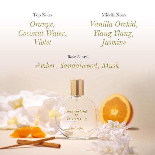 Kathy Ireland Serenity - Tropical Floral Perfume for Women | Eau de Parfum with Orange, Coconut Water & Vanilla - 3.4 oz