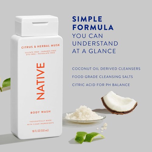 Native Body Wash - Naturally Derived Ingredients | Sulfate, Paraben & Dye Free | Citrus & Herbal Musk, 18 oz (Pack of 2)