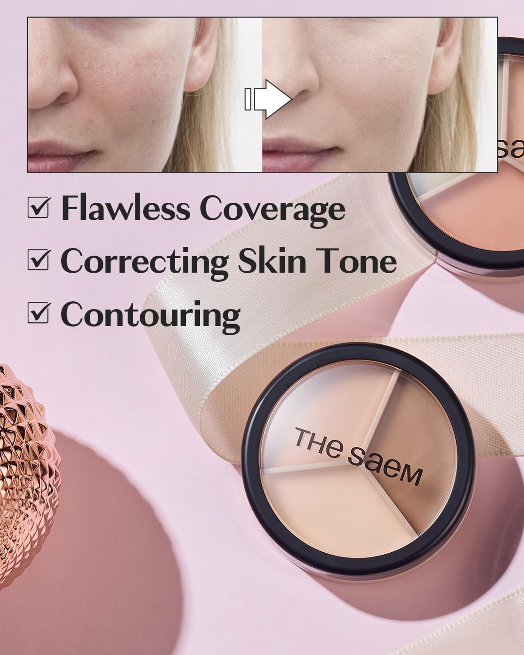 THESAEM Cover Perfection Triple Pot Concealer - 3-Color Contour & Highlight Palette - 02 Contour Beige with Sweet Almond Oil