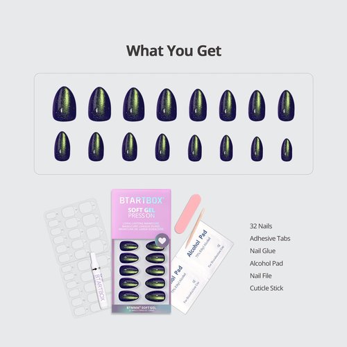 BTArtbox Press On Nails Short - Witch's Emerald, Sparkle Cat Eye Blue Almond Halloween Press On Nails with Nail Glue for Woman, Soft Gel Glue On Nails in 16 Sizes - 32 Stick On Nails Kit