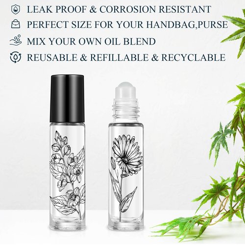 10 Pieces Essential Oil Roller Bottles 10 ml Empty Roller Bottles for Essential Oils Lip Oil, Glass Refillable Oil Container Printed with Patterns