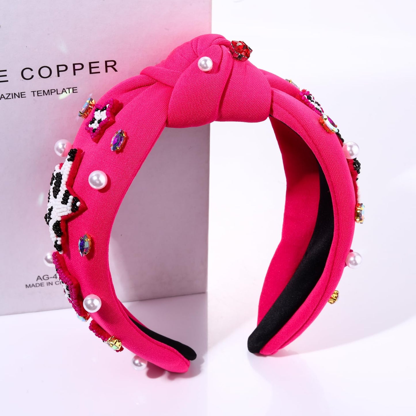 Hot Pink Knotted Headband Western Cowgirl Headband Accessories for Women Beaded Cowboy Boot Embellished Headband Rhinestone Crystal Pearl Top Knot Headband Rodeo Nashville Bachelorette Party Country