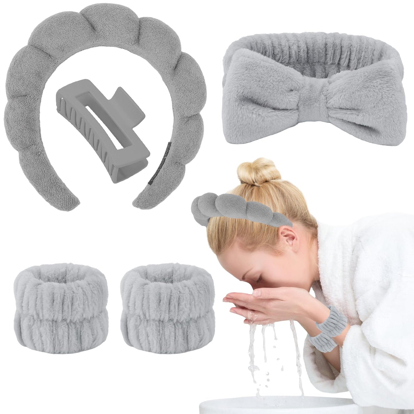 Canitor Sponge Spa Headbands Wristband Set with Hair Clips Skincare Headbands for Washing Face Non Slip Puffy Terry Cloth Makeup Headband Face Wash Wrist Bands Cute Trendy Stuff (gray)