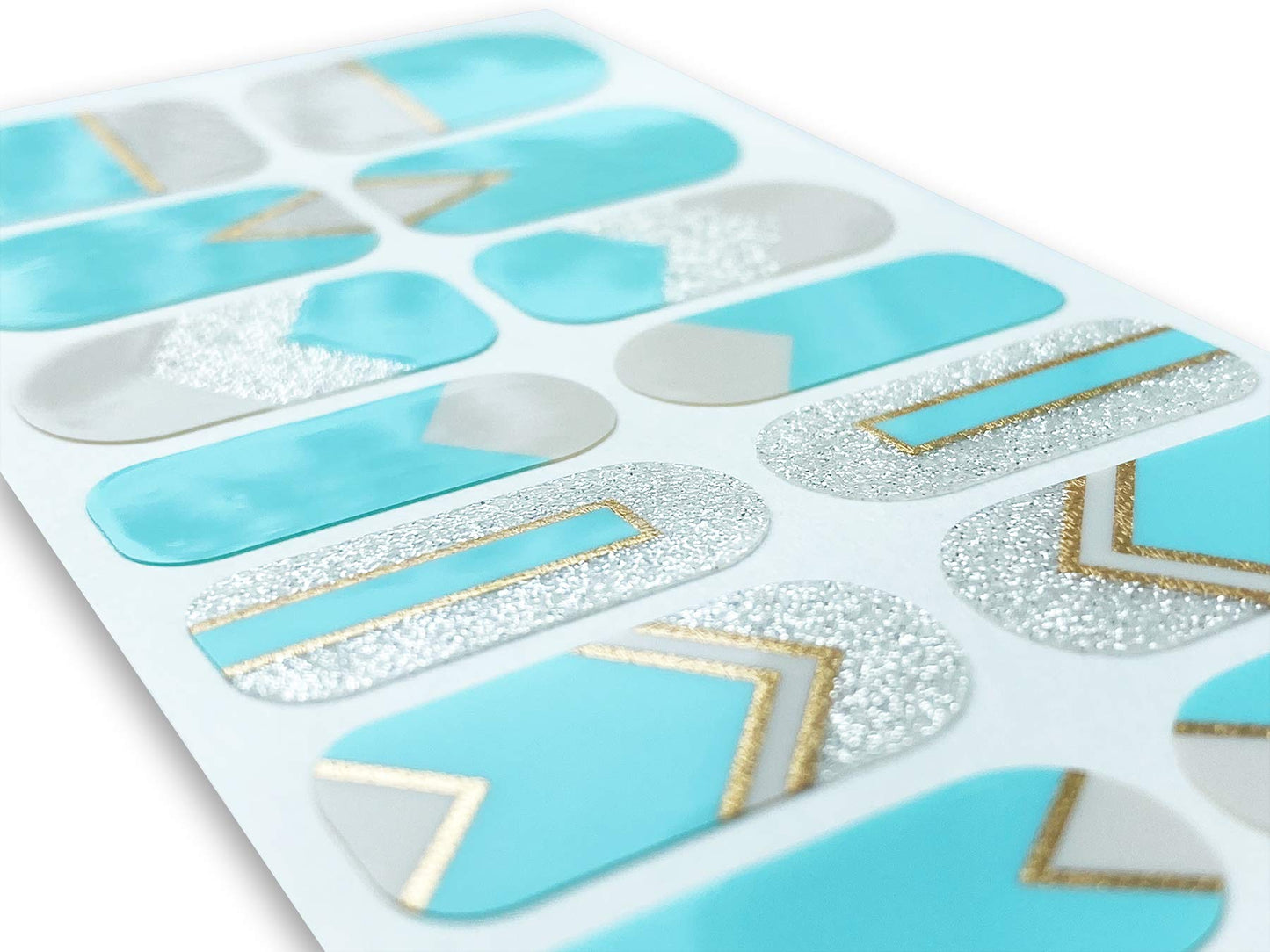 TOUGH GIRLS | 20 Exquisite Gel Nail Polish Strips w/Application Accessories - No UV/LED Lamp Required (Turquoise, Silver Glitter & Gold Lines)