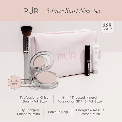 PÜR Minerals Makeup Gift Set - 4-in-1 Primer, Mascara, Mineral Powder & Chisel Brush Included