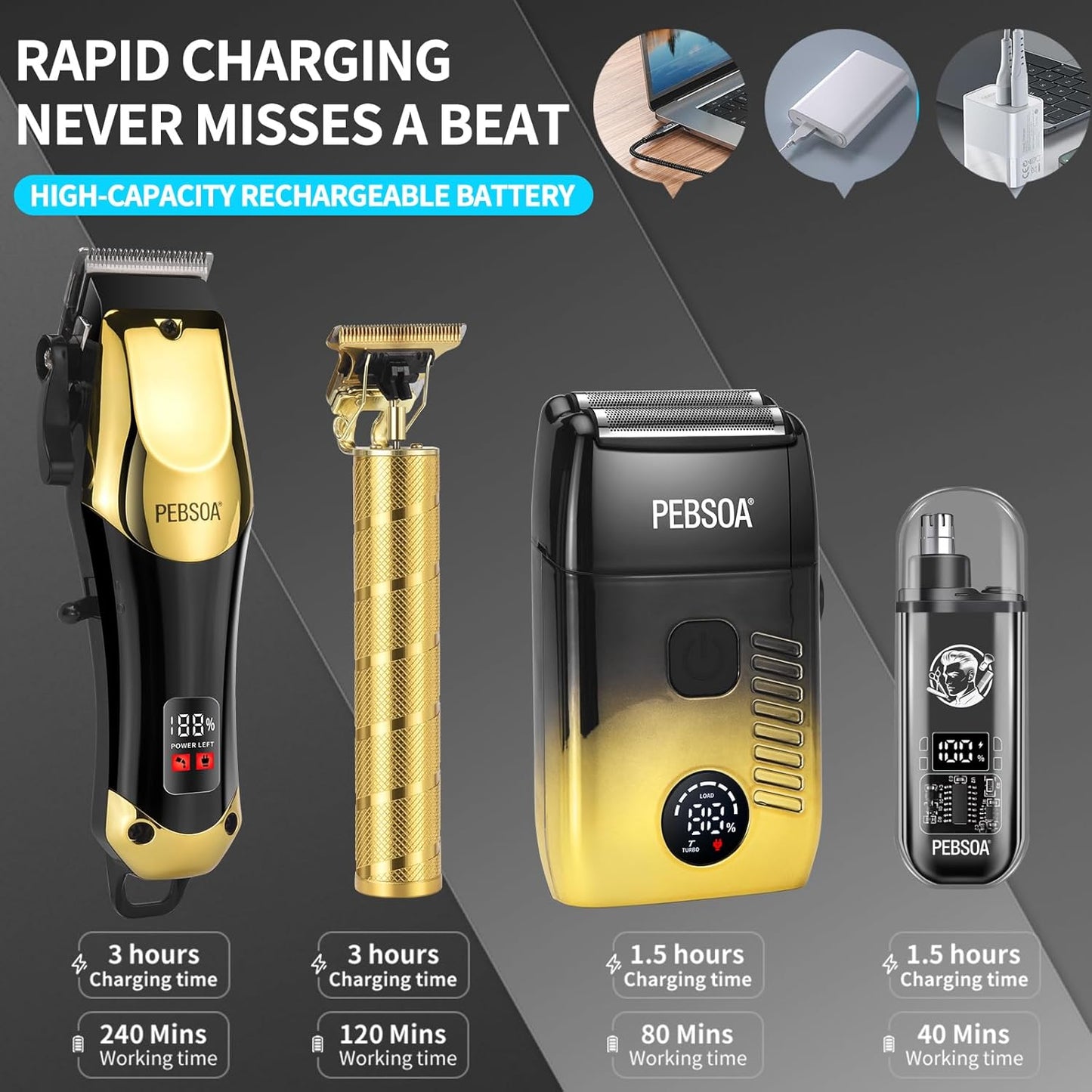Skiennix Hair Clippers for Men - Cordless Grooming Set with LED Display & 4 Essential Tools